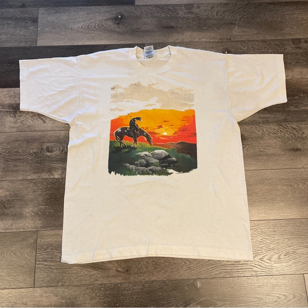 vtg 90s Y2K END OF THE TRAIL NATIVE AMERICAN HORSE Southwestern Art T-Shirt XL
